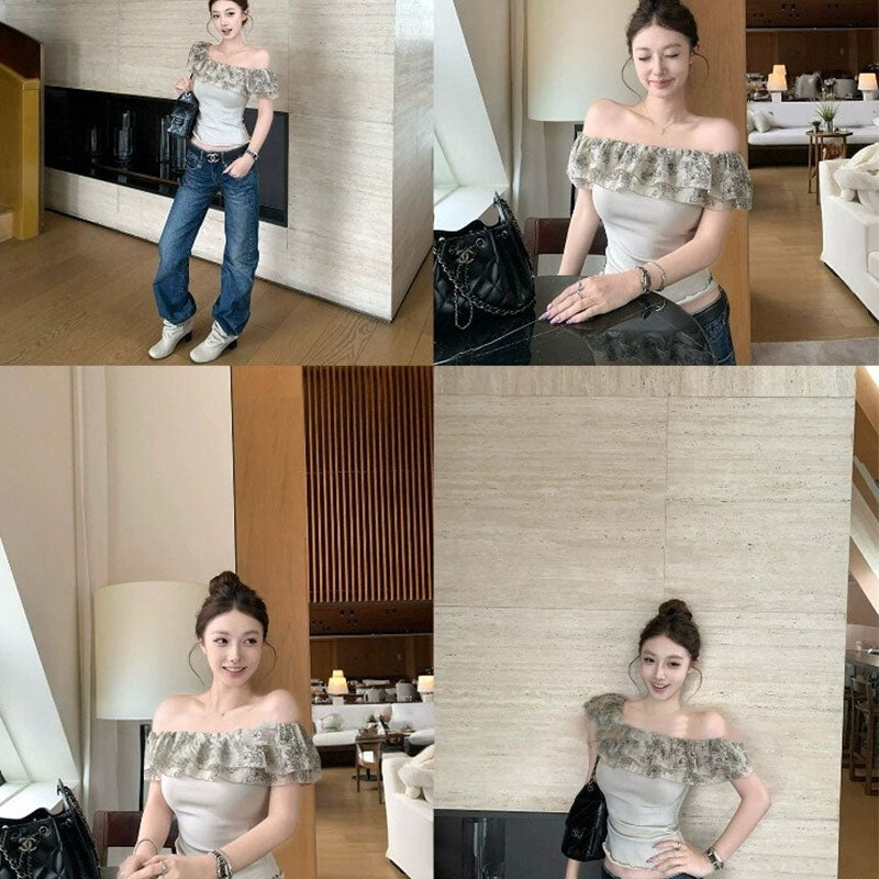 オフショルダーフリルトップス｜スリムTシャツトップスの商品イメージ