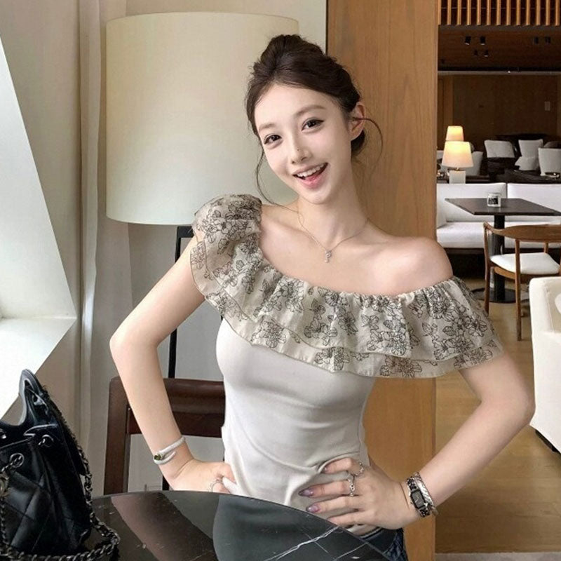 オフショルダーフリルトップス｜スリムTシャツトップス｜グレーの商品イメージ