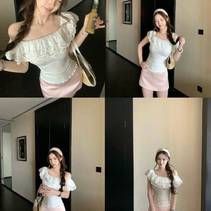 オフショルダーフリルトップス｜スリムTシャツトップスの商品イメージ