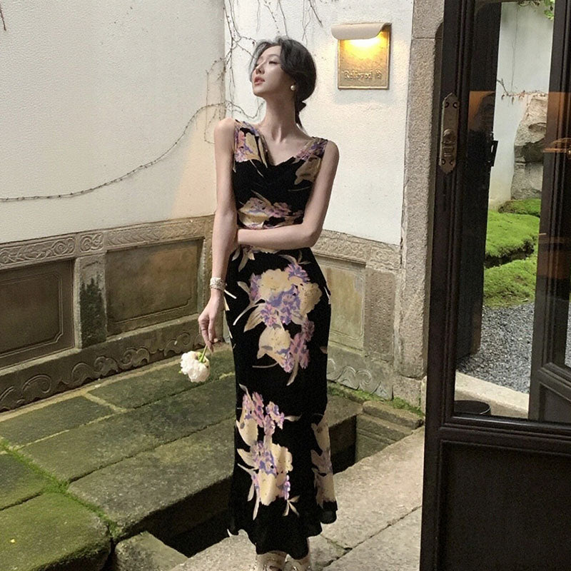 花柄ワンピース｜ノースリーブマーメイドラインロング丈花柄大人パーティー結婚式ワンピース｜画像カラーの商品イメージ