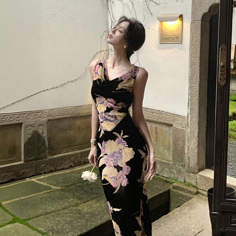 花柄ワンピース｜ノースリーブマーメイドラインロング丈花柄大人パーティー結婚式ワンピースの商品イメージ