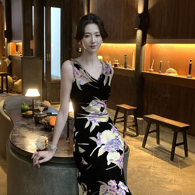 花柄ワンピース｜ノースリーブマーメイドラインロング丈花柄大人パーティー結婚式ワンピースの商品イメージ