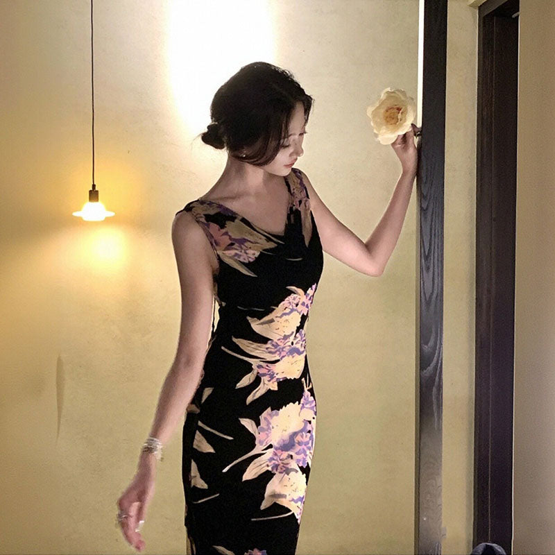 花柄ワンピース｜ノースリーブマーメイドラインロング丈花柄大人パーティー結婚式ワンピースの商品イメージ
