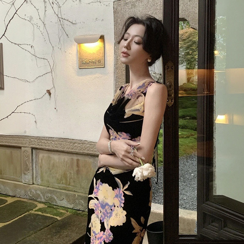 花柄ワンピース｜ノースリーブマーメイドラインロング丈花柄大人パーティー結婚式ワンピースの商品イメージ