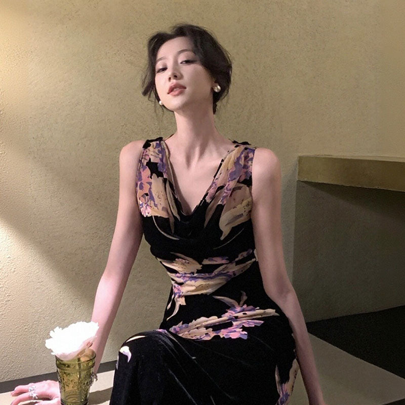 花柄ワンピース｜ノースリーブマーメイドラインロング丈花柄大人パーティー結婚式ワンピースの商品イメージ