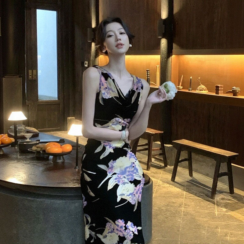 花柄ワンピース｜ノースリーブマーメイドラインロング丈花柄大人パーティー結婚式ワンピースの商品イメージ