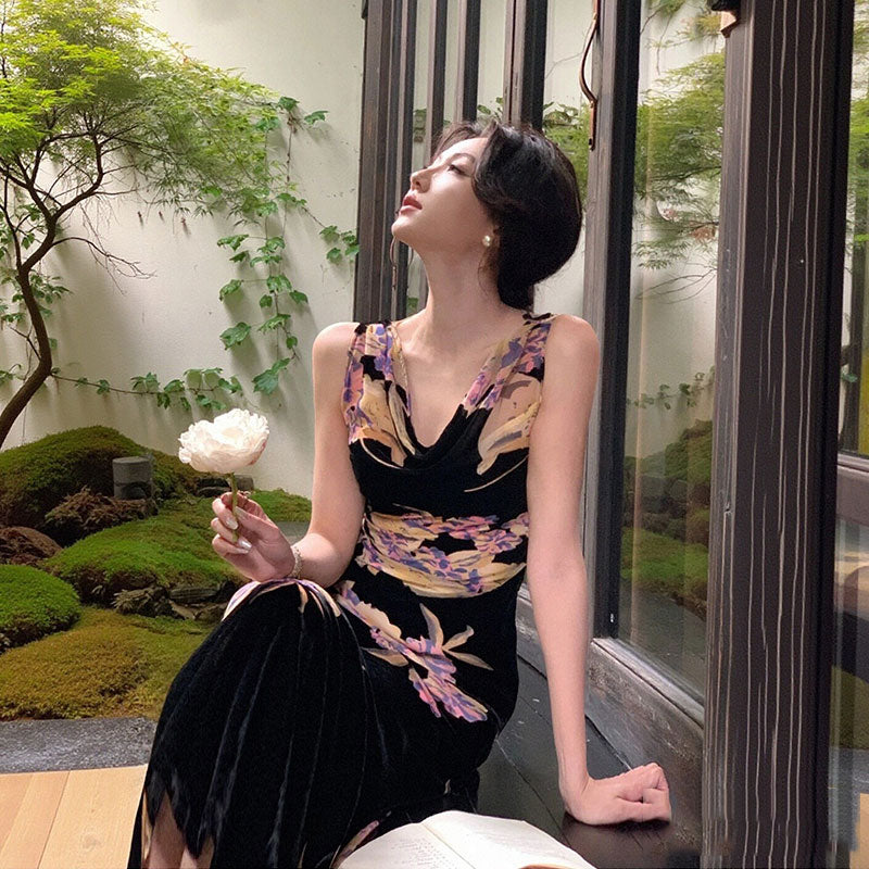 花柄ワンピース｜ノースリーブマーメイドラインロング丈花柄大人パーティー結婚式ワンピースの商品イメージ