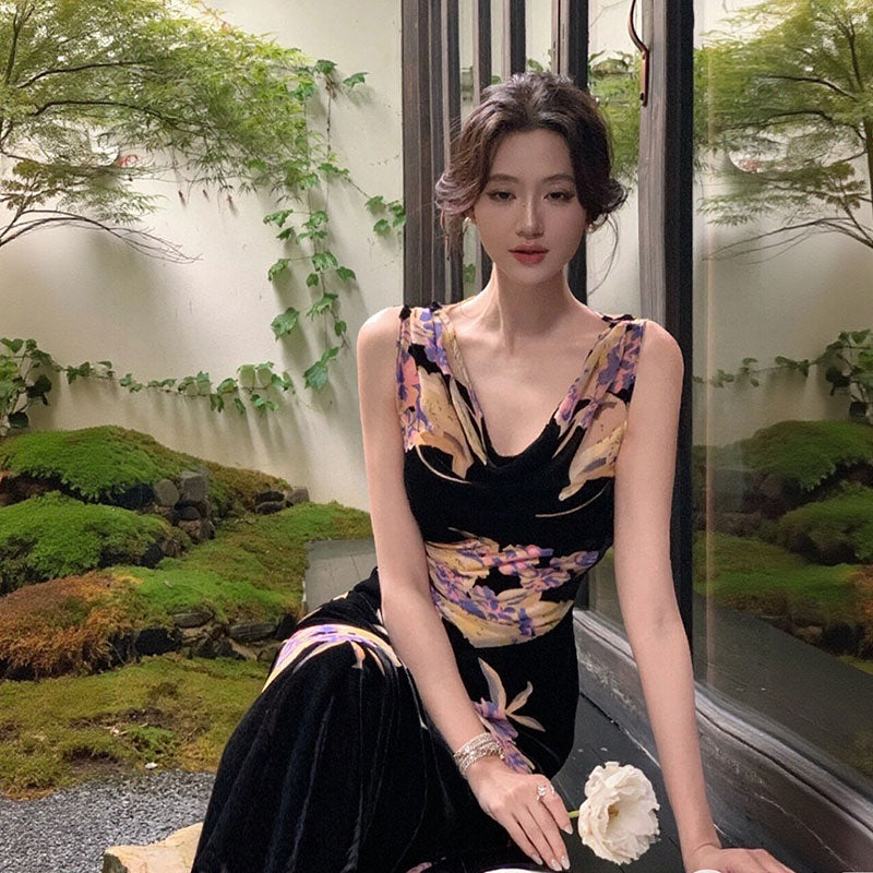 花柄ワンピース｜ノースリーブマーメイドラインロング丈花柄大人パーティー結婚式ワンピースの商品イメージ