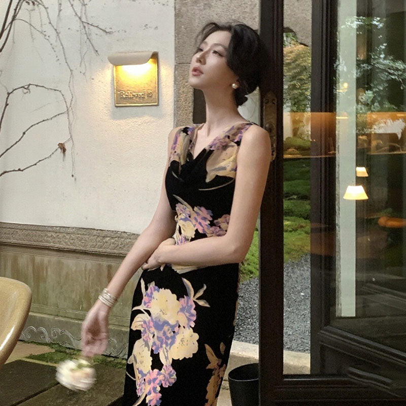 花柄ワンピース｜ノースリーブマーメイドラインロング丈花柄大人パーティー結婚式ワンピースの商品イメージ