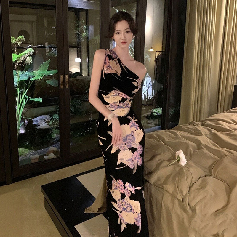 花柄ワンピース｜ノースリーブマーメイドラインロング丈花柄大人パーティー結婚式ワンピースの商品イメージ