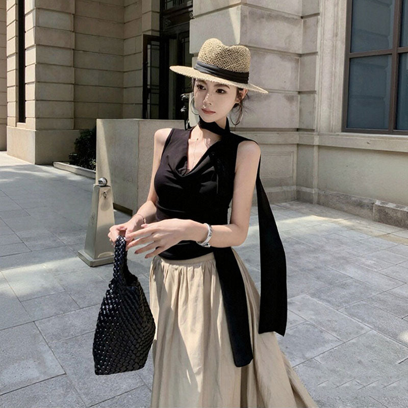 ハルタイプノースリーブトップス＆ロングフレアスカート大人透け感｜セットアップの商品イメージ