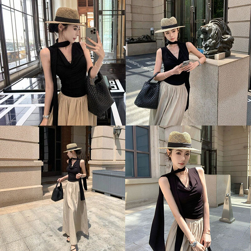 ハルタイプノースリーブトップス＆ロングフレアスカート大人透け感｜セットアップの商品イメージ