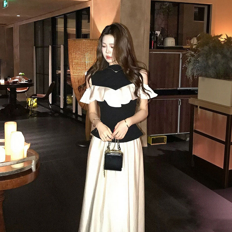 肩開きフリルトップス＆ロングスカートウエスト上品・ディナー｜セットアップ｜画像カラーの商品イメージ