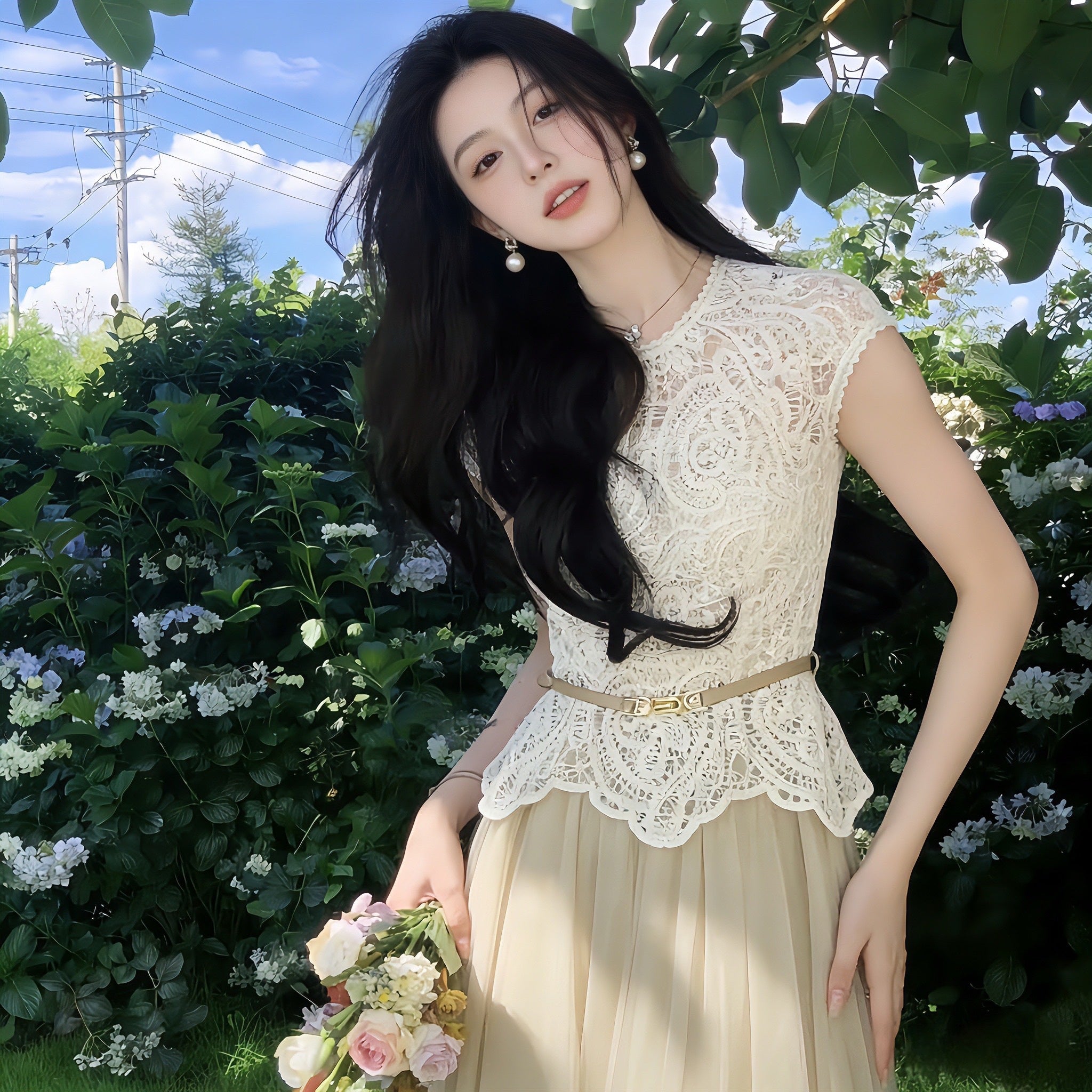 レースノースリーブトップス＆チュールスカート結婚式・対応ベルト付き｜セットアップ｜ベージュの商品イメージ