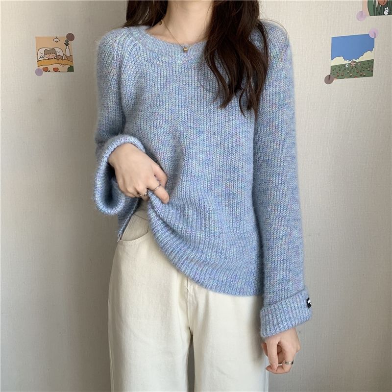 無地長袖不規則ニット｜セータートップス｜ピンクの商品イメージ