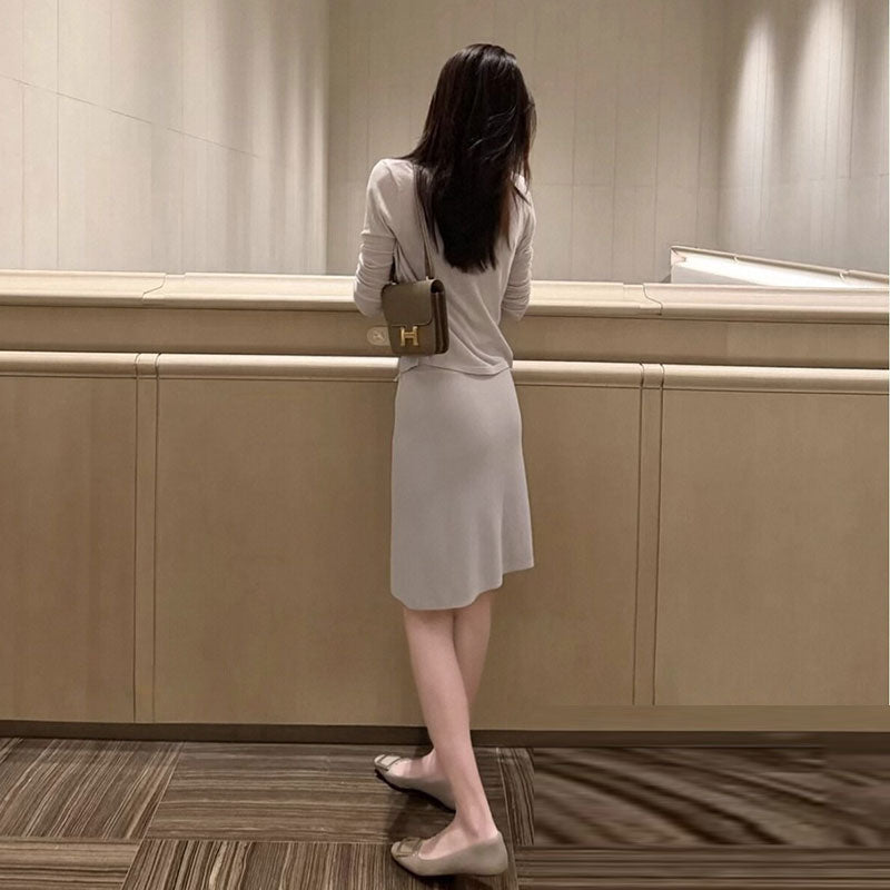 ニットカーディガン＆タンクトップ＆スカートミディ丈着心地・兼用大人女子｜セットアップ｜グレーの商品イメージ