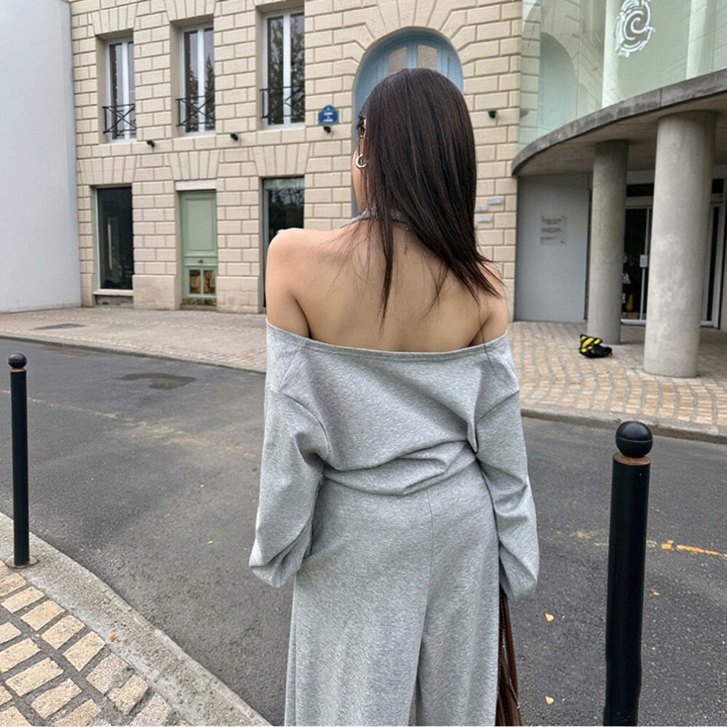 オフショルダーハルターネックトップスワイドパンツセットアップ｜Vネックの商品イメージ