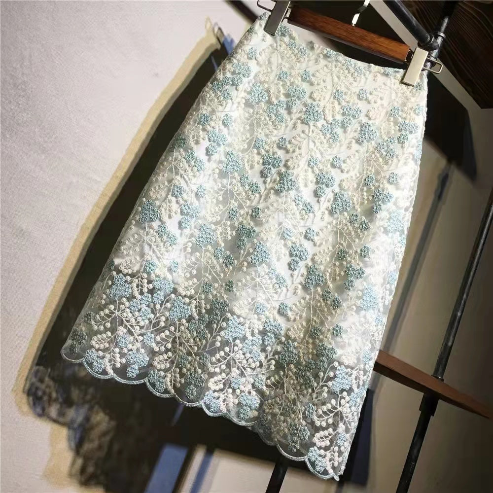 花柄レース切り替えハイウエストAラインスカート｜ボトムス｜ブルーの商品イメージ