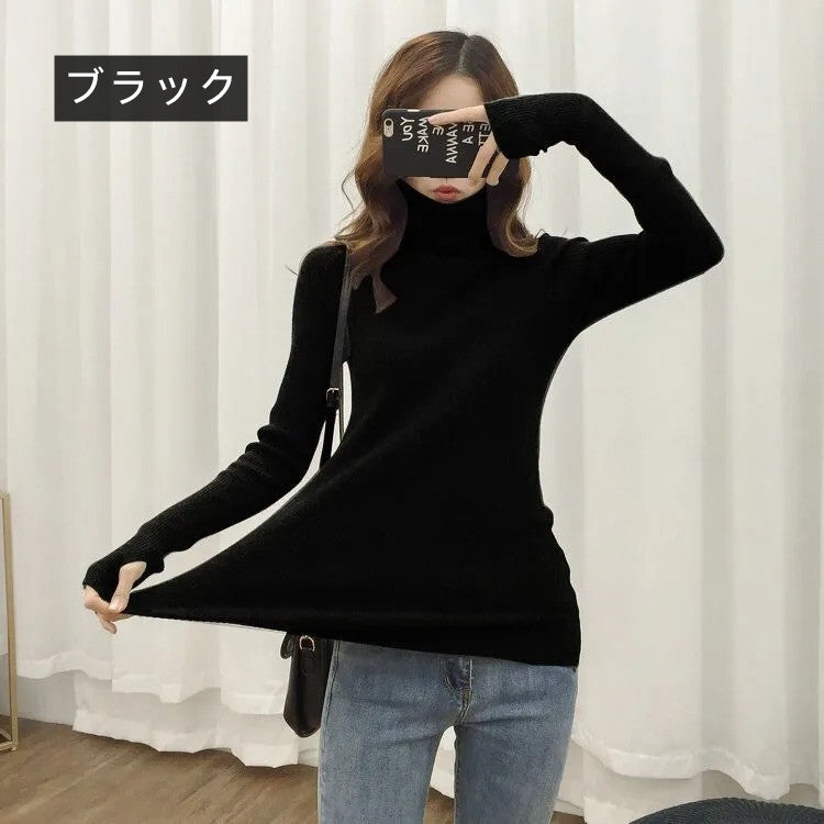 ハイネック長袖指穴ありデザインニット｜トップスストレッチ｜ブラックの商品イメージ