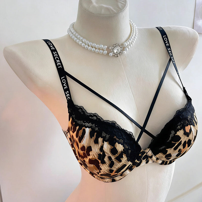 レースブラジャー＆ショーツセットダブルストラップヒョウ柄LOVESECRETインナー｜ブラックの商品イメージ