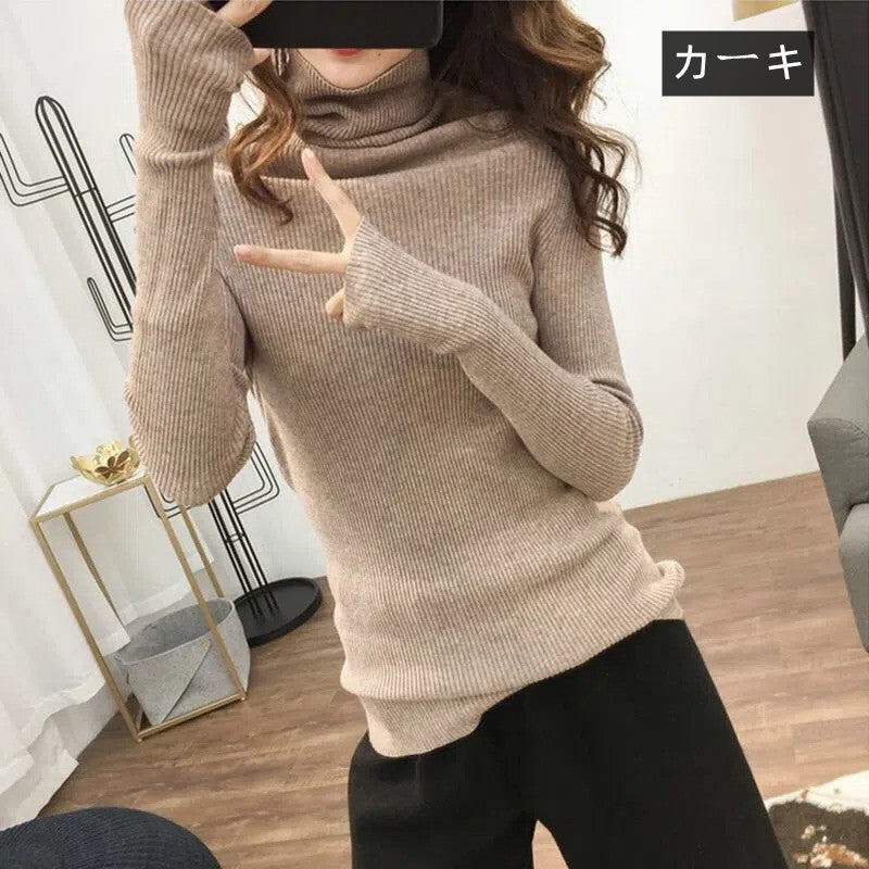 ハイネック長袖指穴ありデザインニット｜トップスストレッチ｜ブラウンの商品イメージ