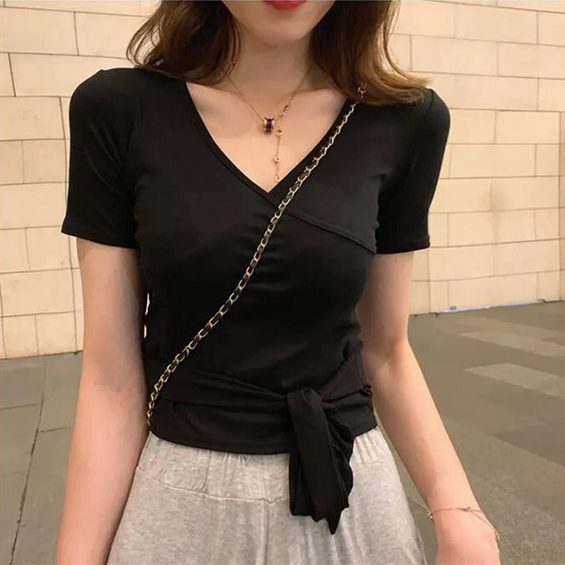 カシュクールデザイン無地半袖Tシャツ｜ウエストリボントップス｜グレーの商品イメージ