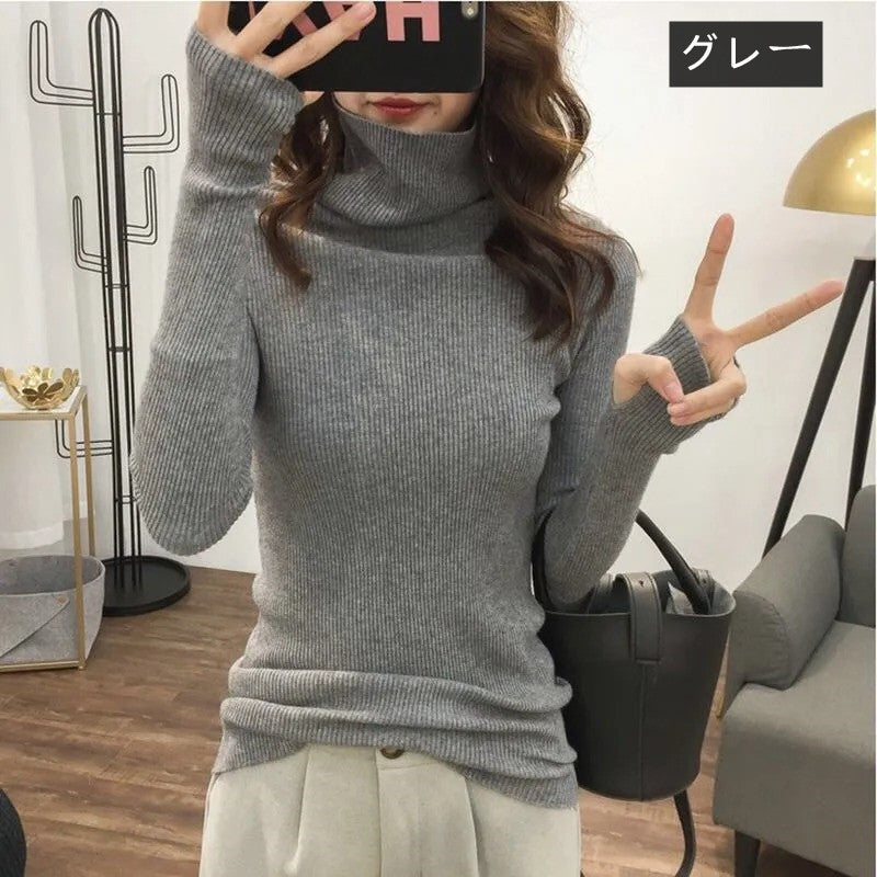 ハイネック長袖指穴ありデザインニット｜トップスストレッチ｜グレーの商品イメージ