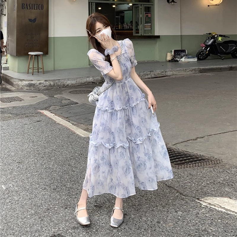 花柄シフォンワンピース｜パフスリーブ｜ブルーの商品イメージ