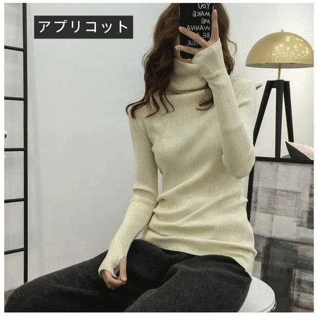ハイネック長袖指穴ありデザインニット｜トップスストレッチ｜カーキの商品イメージ