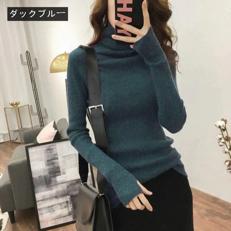 ハイネック長袖指穴ありデザインニット｜トップスストレッチ｜アプリコットの商品イメージ