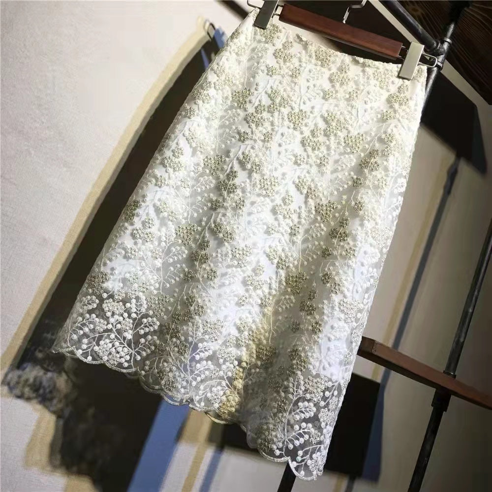 花柄レース切り替えハイウエストAラインスカート｜ボトムス｜ブルーの商品イメージ