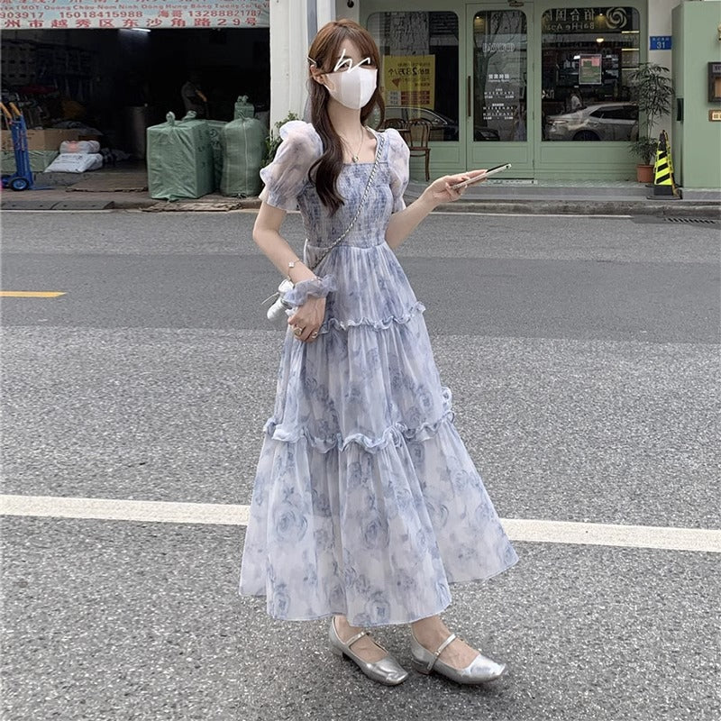 花柄シフォンワンピース｜パフスリーブ｜ブルーの商品イメージ