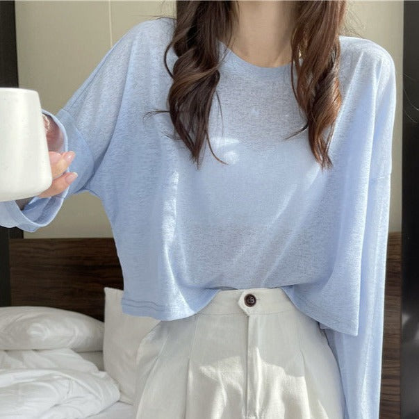 長袖無地Tシャツ｜トップス冷房対策｜ブルーの商品イメージ