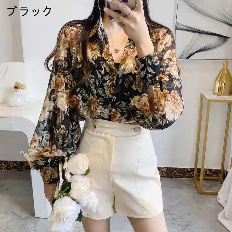 花柄シフォン長袖ランタンスリーブファッションシャツ｜ブラウストップス｜イエローの商品イメージ