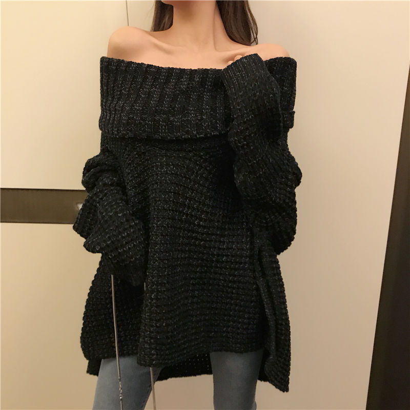 無地長袖レトロオフショルダーセータートップス｜カーキの商品イメージ