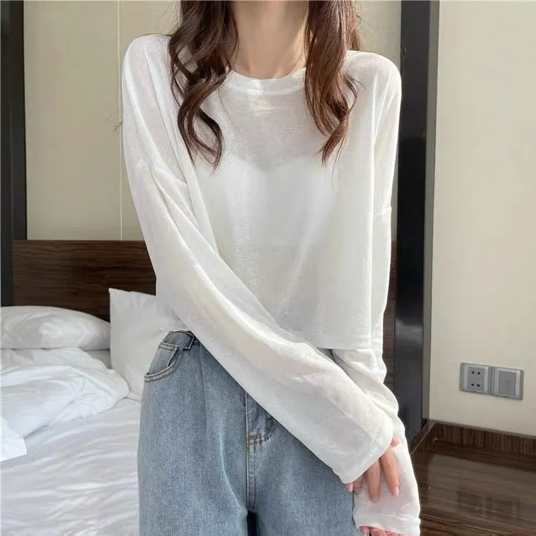 長袖無地Tシャツ｜トップス冷房対策｜ホワイトの商品イメージ