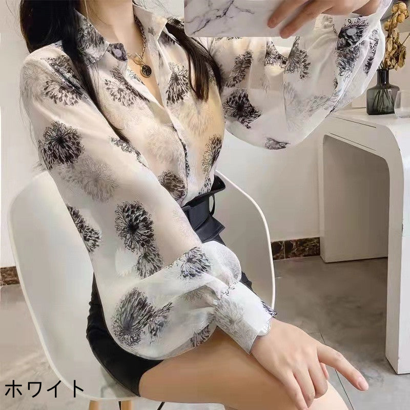 花柄シフォン長袖ランタンスリーブファッションシャツ｜ブラウストップス｜ブラックの商品イメージ