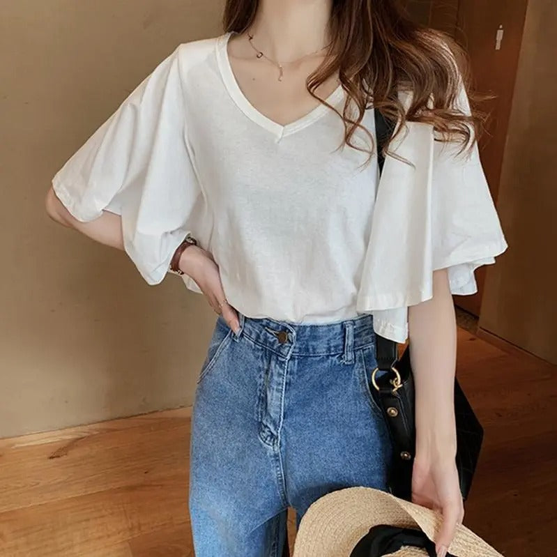 フレア裾半袖無地Tシャツ｜トップス｜オレンジの商品イメージ