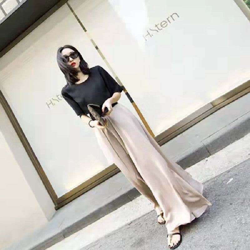 高見え優しい印象滑らか生地シフォンハイウエストロングワイドレッグパンツの商品イメージ