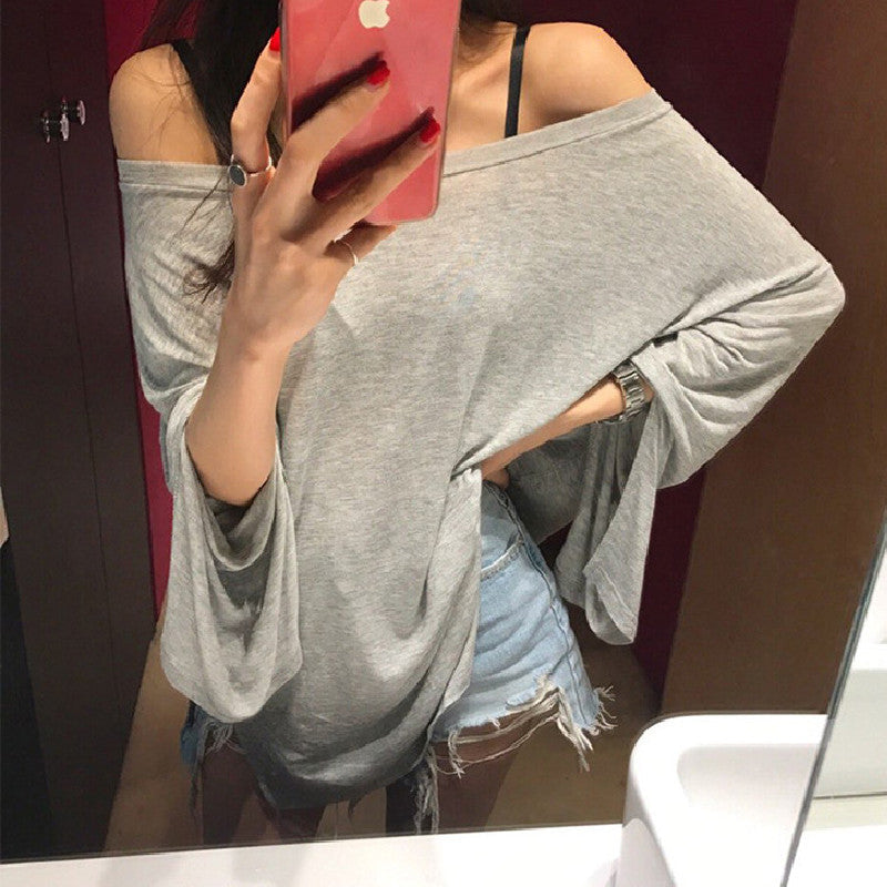 高見え女性ファッション無地長袖スリットTシャツ｜トップス｜グレーの商品イメージ