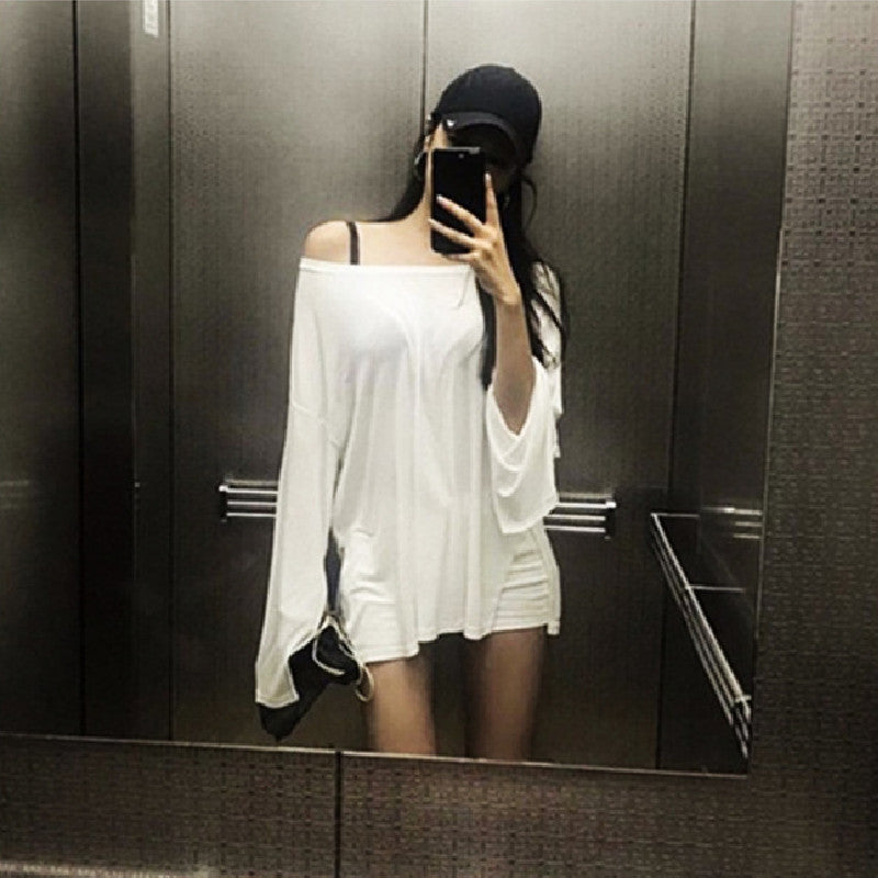 高見え女性ファッション無地長袖スリットTシャツ｜トップス｜グレーの商品イメージ