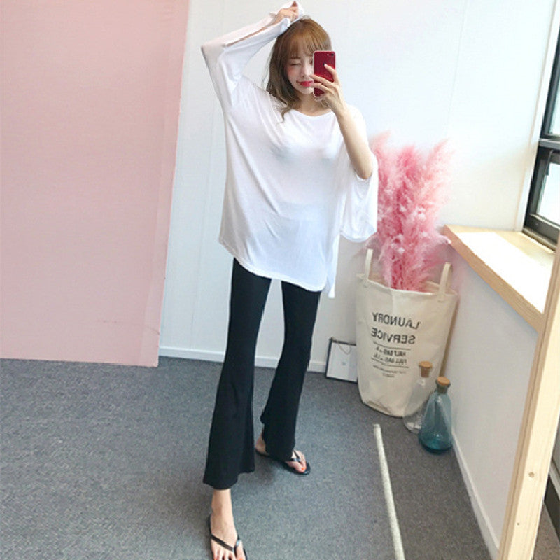 高見え女性ファッション無地長袖スリットTシャツ｜トップス｜グレーの商品イメージ