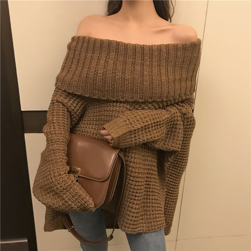 無地長袖レトロオフショルダーセータートップスの商品イメージ