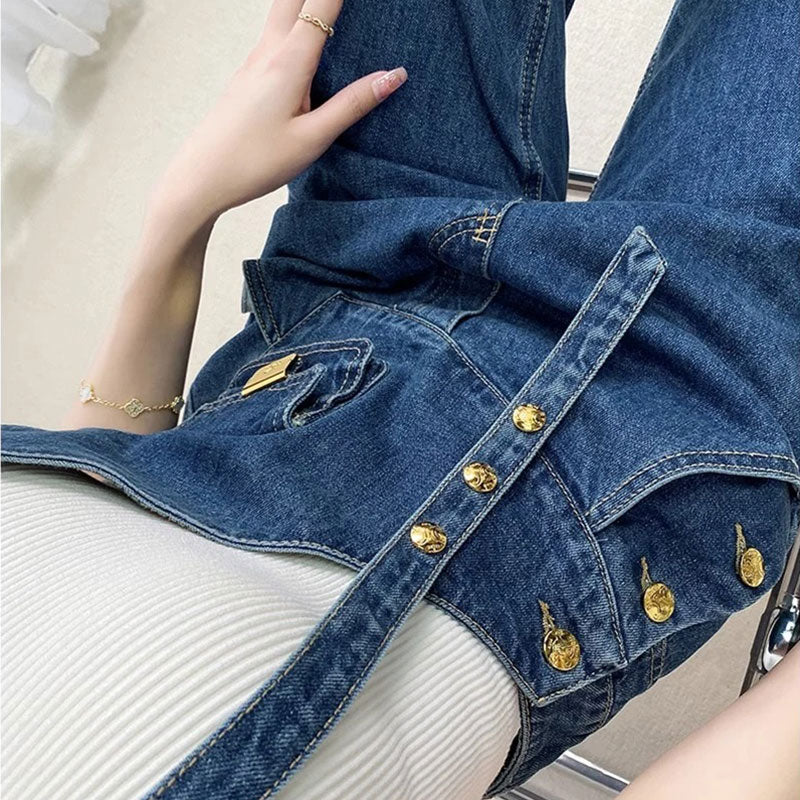 不規則ショルダーデザインデニム｜パンツサロペットオールインワン｜ブルーの商品イメージ