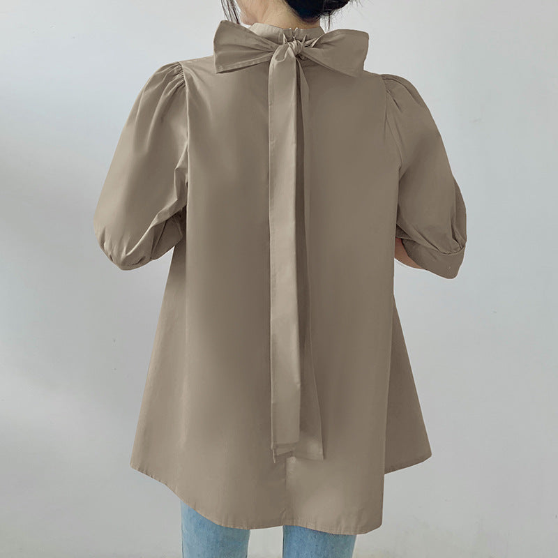 ボウタイ無地ブラウス｜シャツトップス2スタイル｜カーキの商品イメージ