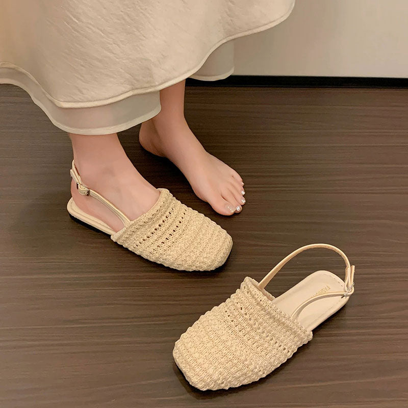 編みスクエアトゥバックストラップフラットサンダル｜通気性ナチュラルシューズ｜ブラックの商品イメージ