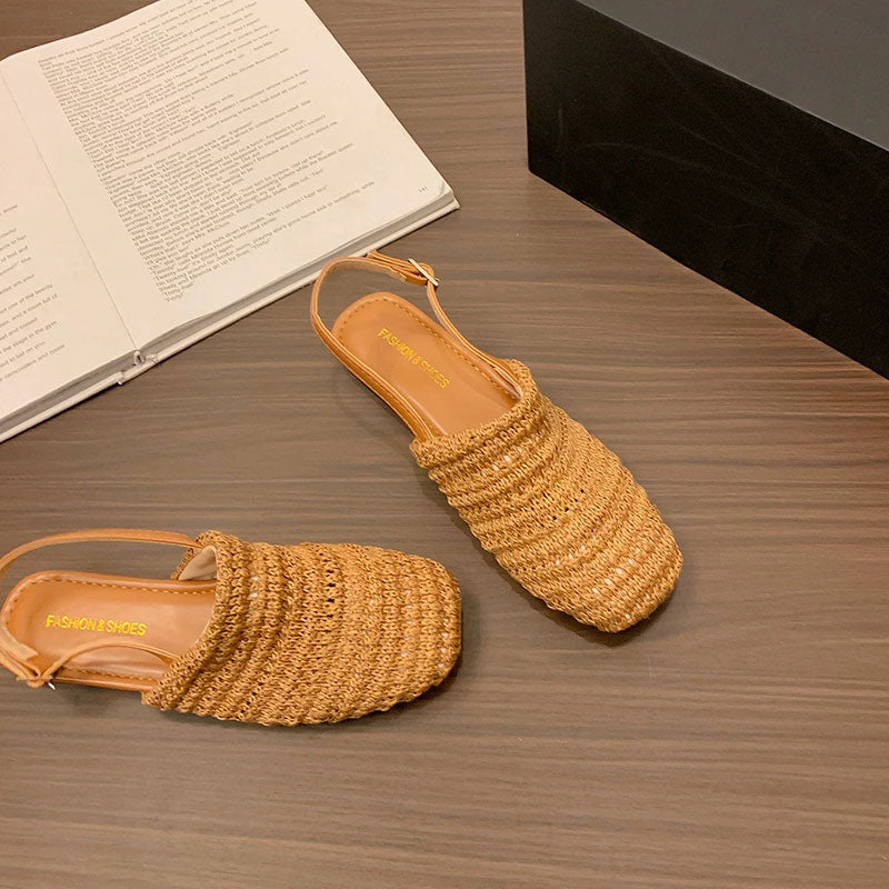 編みスクエアトゥバックストラップフラットサンダル｜通気性ナチュラルシューズ｜ブルーの商品イメージ