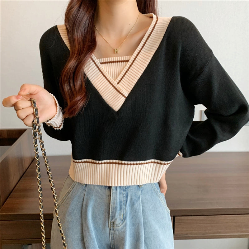 レトロフェイクレイヤード配色Ⅴネックニット｜トップスの商品イメージ