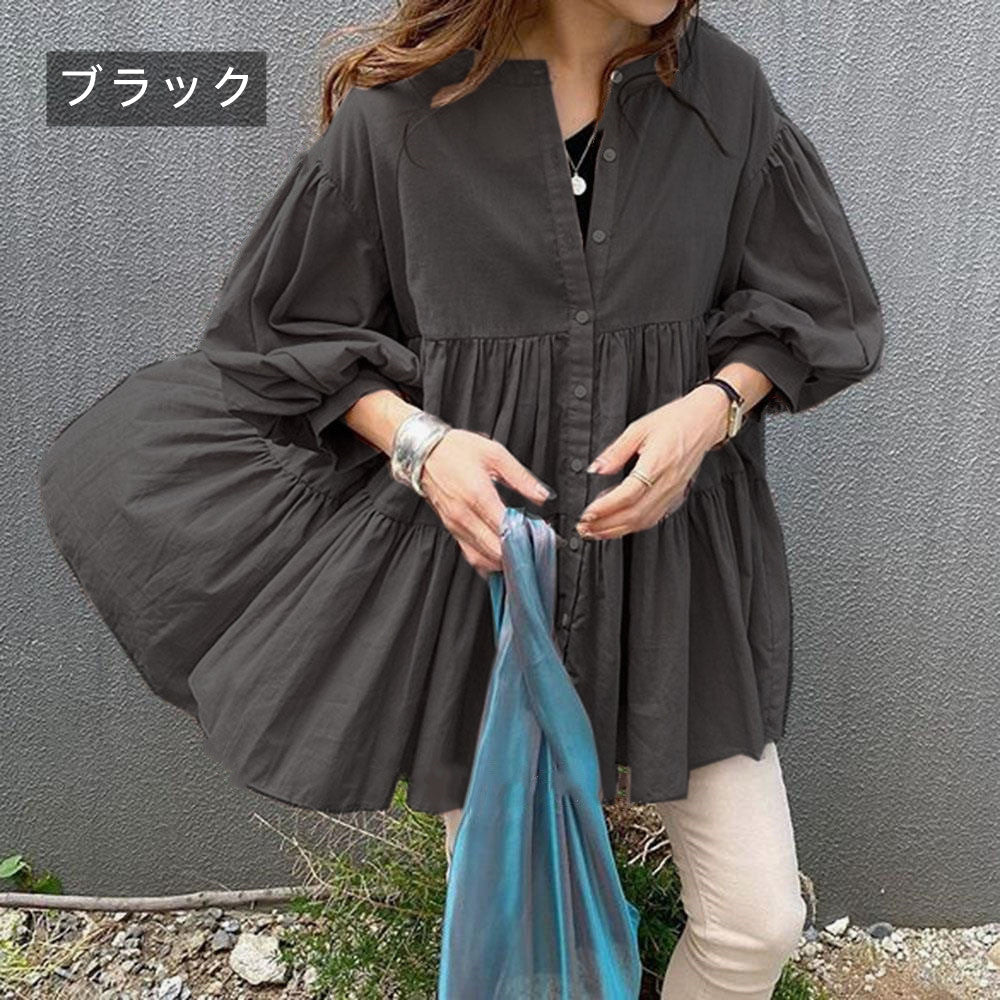 フリル裾パフスリーブブラウス｜トップス｜グレーの商品イメージ
