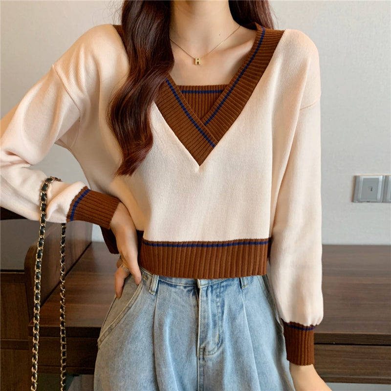 レトロフェイクレイヤード配色Ⅴネックニット｜トップス｜ブルーの商品イメージ